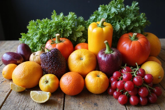 Mesa llena de frutas frescas y verduras