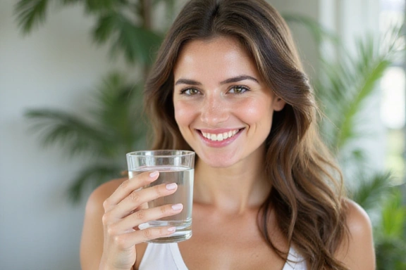 Mujer bebiendo agua y sonriendo