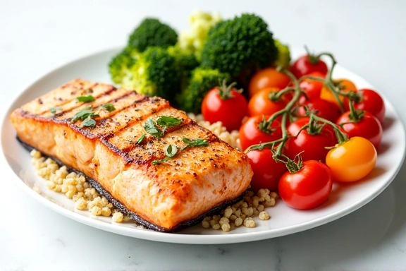 Plato saludable con verduras y salmón