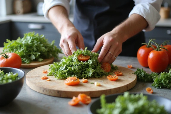 Un chef preparando una ensalada gourmet