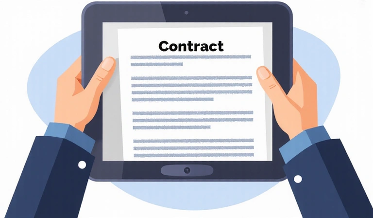 Ilustración de una persona leyendo un contrato digital en una tableta.