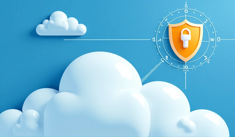 Ilustración de un escudo digital protegiendo información en la nube.