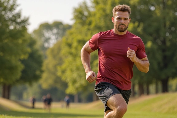 Un atleta corriendo al aire libre con energía, con músculos definidos y en un entorno natural vibrante
