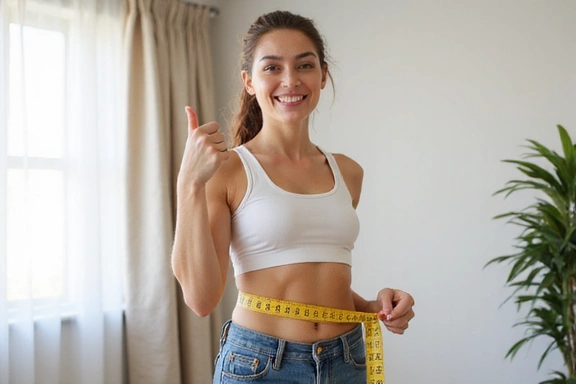 Una mujer sonriente midiendo su cintura con una cinta métrica y mostrando un pulgar hacia arriba, simbolizando el éxito en el control de peso