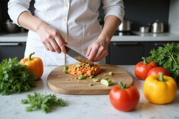 Una persona preparando una comida saludable en una cocina moderna, con una variedad de vegetales frescos y utensilios de cocina
