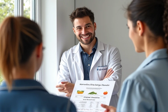 Una nutricionista explicando un plan de alimentación a un paciente, con gráficos y alimentos saludables en la mesa