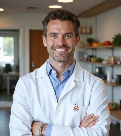 Fotografía profesional de un nutricionista sonriente