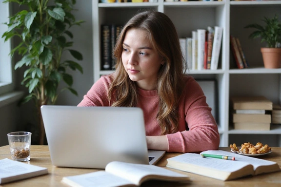 Foto de Sofía estudiando con alimentos saludables
